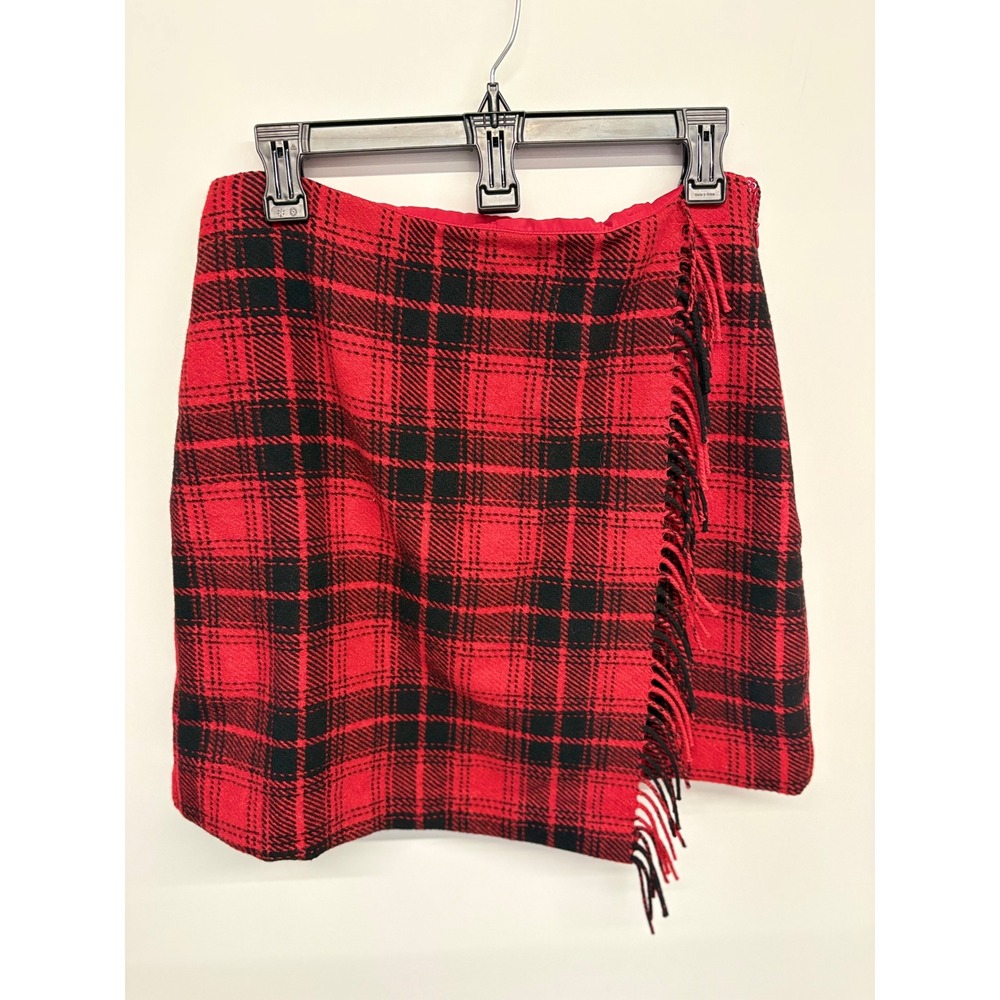 LOFT‎ Preppy Plaid Wrap Skirt Women 6 Red Fringe Wool Blend 90s Dark Academia